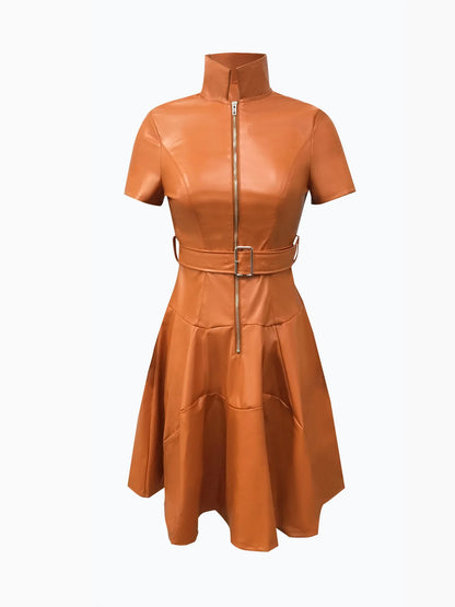 Womens Shirt Collar Midi Dress Elegant Summer Zipper Short Sleeve PU Leather Skinny Belted Lapel Fashion Midi Dress 2025