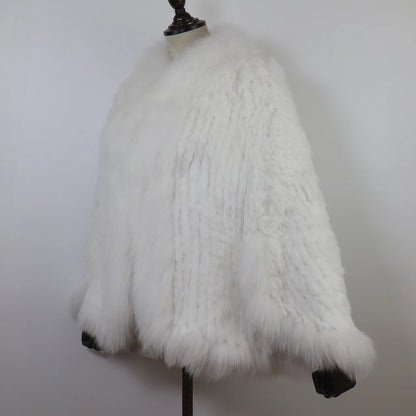 Hot Women Knitted 100% Real Rabbit Fur Shawl Winter Warm Genuine Rabbit Fur Pashmina Coat With Fox Fur Collar For Female...