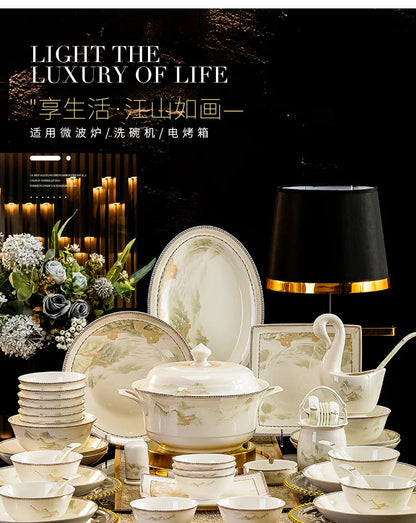 Jingdezhen dish set housewarming tableware set bowl and plate ceramic tableware set light luxury plate bowl | Kimlud...