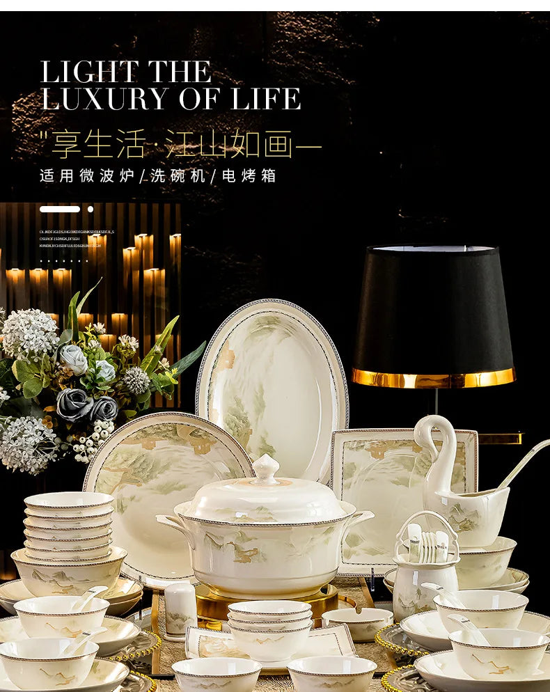 Jingdezhen dish set housewarming tableware set bowl and plate ceramic tableware set light luxury plate bowl | Kimlud...