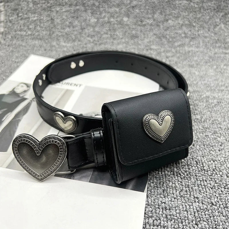 No Buckle Women Casual PU Leather Belt Retro Heart Design Black Small Square Waist Bag Ins Style Summer Versatile Accessory - Kimlud