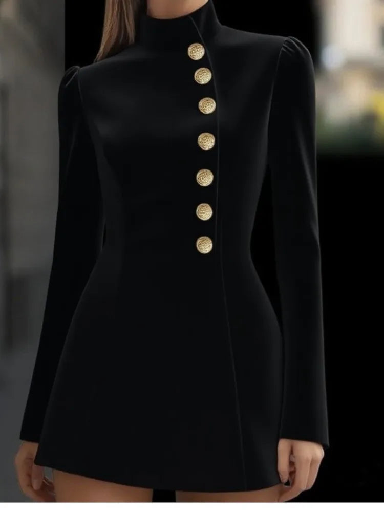 Spring Women's Elegant Stand Blazer Dress Fashion Single-breasted Solid Mini Dress Casual Long Sleeve Slim Party A-line Dresses - Kimlud