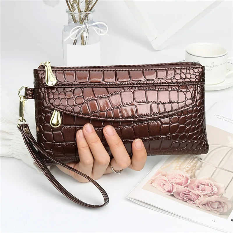 Women Long Wallets Leather Ladies Double Zipper Wallet Clutch Bag Design Red Purse Bag Crocodile Purses