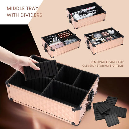 Rolling Makeup Train Case 3 in 1 Professional Cosmetic Trolley Large Storage keys Wheels Case Cart Trunk for Make Up Nail Tech