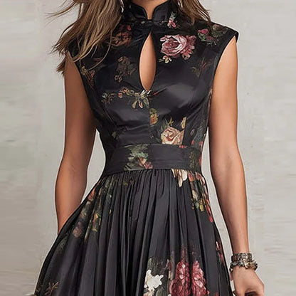Summer Hot Sleeveless Hollow Evening Dress Woman Mandarin Collar High Waist Pleated Dress Spring Floral Print Satin Long Dresses - Kimlud