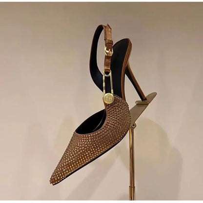 Women Shoes Luxury Rhinestones Sequined Buckle High Heels Elegant Pointed Toe Slingbacks Stiletto Shoes for Women Fashion Shoes
