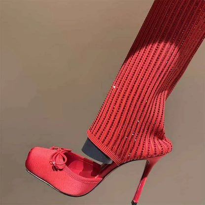 European AndAmerican Trendy High-heeled Square Toe Ballet Shoes for Women,sexy Rhinestone Bow Bag and Long Tube Socks,cool Boots - Kimlud