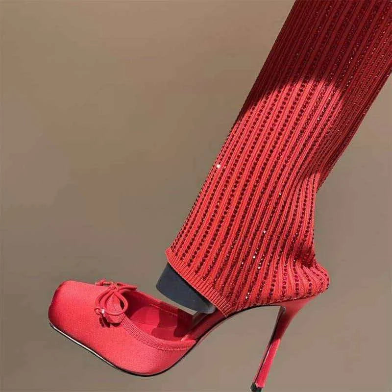 European AndAmerican Trendy High-heeled Square Toe Ballet Shoes for Women,sexy Rhinestone Bow Bag and Long Tube Socks,cool Boots - Kimlud