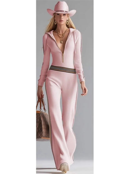 Contrast Color Stitching Pit Strip Knitted Jumpsuit New Women's Spring Autumn Long-sleeved Zippered Long-sleeved Hooded Jumpsuit - Kimlud