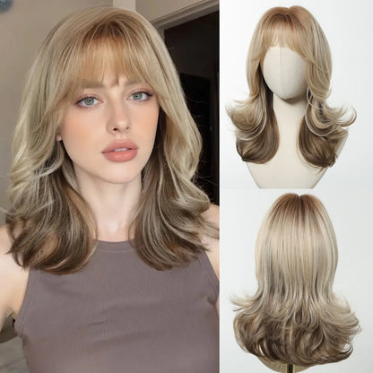 Golden Blonde Mixed Synthetic Wig Dark Root Wavy Hair With Side Bangs for Women Daily Party Cosplay wig Heat Resistant Fiber