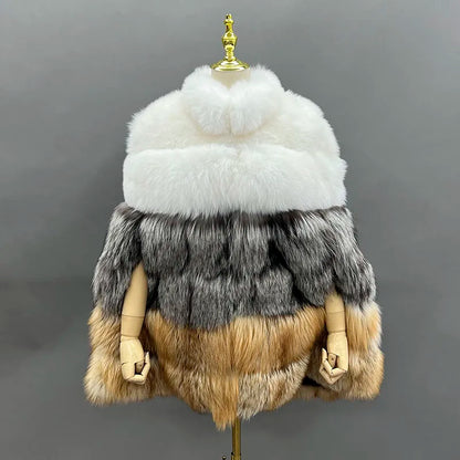 JANEFUR Women's Winter Warm Cloak True Fox Fur Cloak Six-section Stand-up Collar Fox Poncho Winter Female Cape