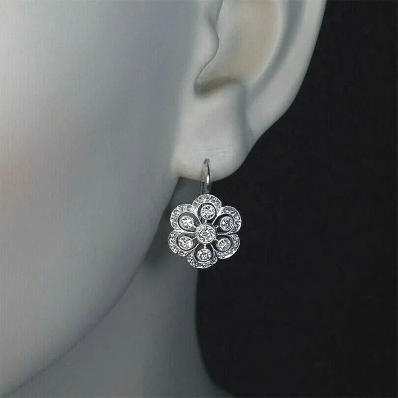 Vintage Elegant Flower Sliver Color Zircon Hook Earrings for Women Ethnic Style Earring Creative Party Jewelry Accessories Gifts