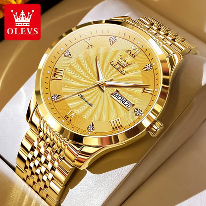OLEVS Top Brand Automatic Mechanical Men Watch Threaded Dial Waterproof Stainless Steel Strap Classic Men's Watches Luxury