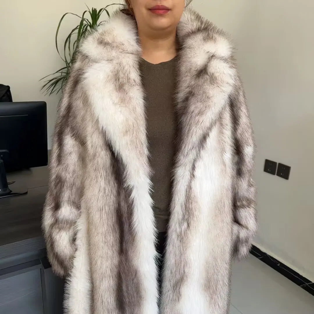 LHXDW New Style Women's Faux Fur Coat Long Waistband Design New Style with Black Imprint and Large Collar Faux Fur Jacket - Kimlud
