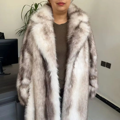 LHXDW New Style Women's Faux Fur Coat Long Waistband Design New Style with Black Imprint and Large Collar Faux Fur Jacket - Kimlud