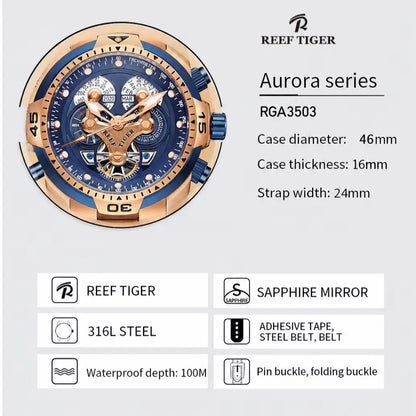 Reef Tiger Men's 46mm Automatic Mechanical Watch with Luminous Hands/Markers, Sapphire Crystal, and Year/Month/Day/Date Display