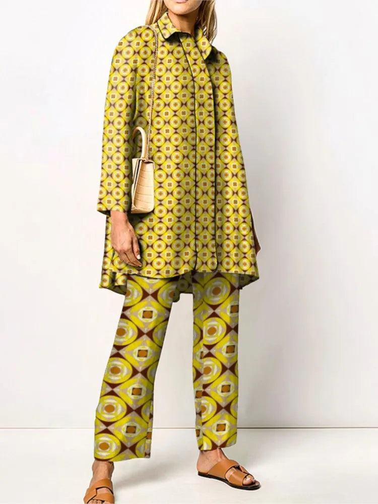 Autumn New Vintage Printed Pant Sets Women Long Shirts And Wide Legs Trousers Two Piece Set Fashion Trendy Streetwear Lady Suits