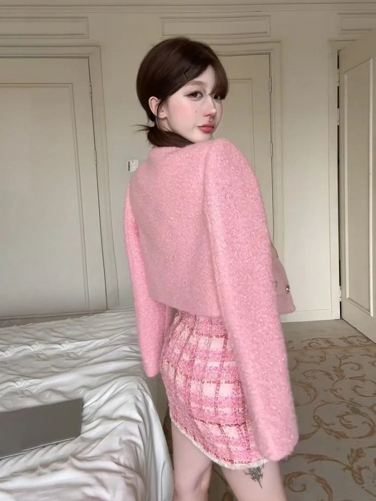 Winter Korean Fashion Women's Two Pieces Set Pink French Elegant Retro Office Lady Slimming Tweed Suit Set Blazer and Skirt Set