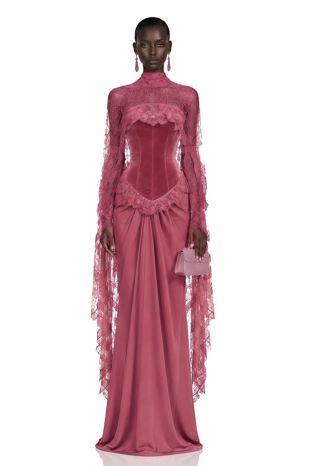 Mila Custom Dusty Rose High Neck Lace Long Flounce Sleeve Mermaid Prom Dress Spliced Velvet Formal Evening Gown Homecoming Dress - Kimlud