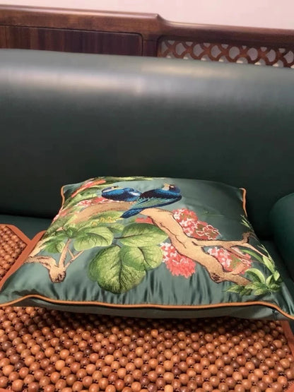 Luxurious Embroidered Silk-like 2 Magpies Square Home Sofa Decorative Pillow Case 3 Colors No Insert 18x18" 1 Piece Pack - Kimlud