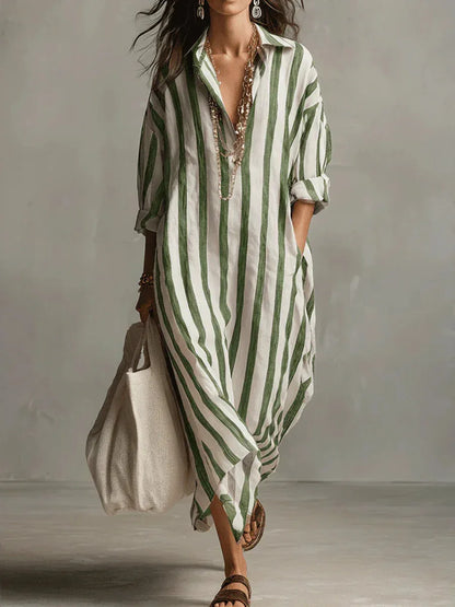 2026Spring Summer Casual Elegant Turn Down Collar Breathable Dress For Women Party Dress Boho Striped Printed Loose Beach - Kimlud