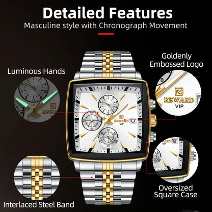 REWARD Fashion Square Dial Watch for Men Stainless Steel Waterproof Quartz Chronograph Mens Watches Luxury Sport Male Clock