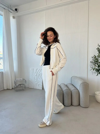 Women's Autumn Casual Long Sleeve Zipper Hoodie Jacket Striped Elastic Pants Set Fashionable Two-Piece Suit Comfortable Wear - Kimlud