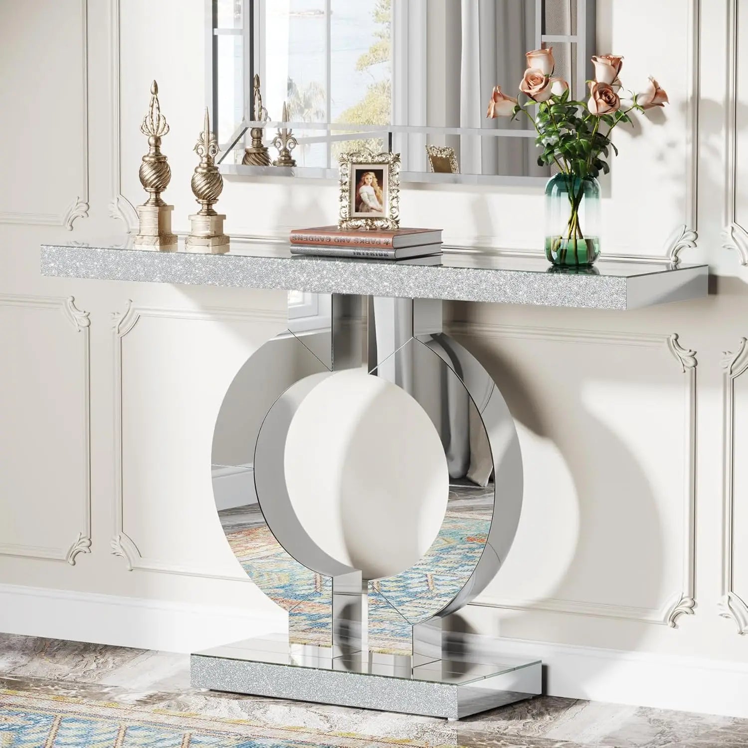 Mirrored Console Table with O-Shaped Base, Entryway Table Glass Sofa Table with Mirror Finish, Rectangle Accent Foyer...