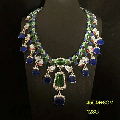 High-End Feel Blue Gemstone Choker Necklace Earrings Suit Fashionable Lockbone Chain Jewelry Set For Special Occasions