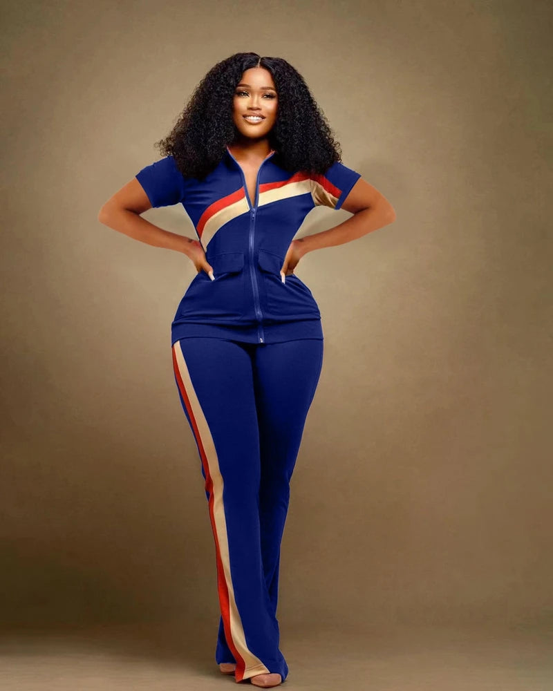 STYLISH LADY Patchwork Sporty 2 Piece Set Women Short Sleeve Zipper Jacket and Pant Suits 2025 Autumn Casual Fitness...
