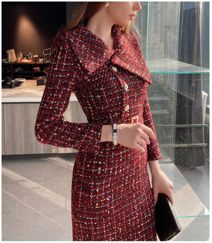 Elegant Retro Tweed Asymmetric Large Lapel Slimming Dress Women's Autumn Winter High-Grade Long Sleeve Mid-length Dress...