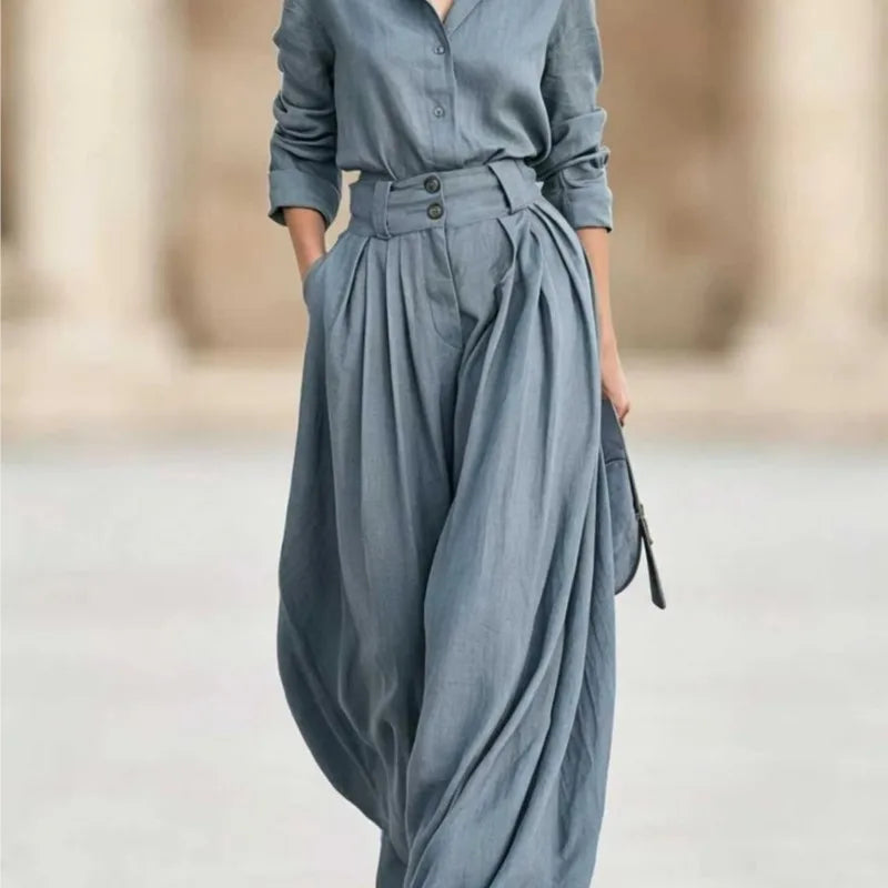 Women Solid Two Piece Outfit Autumn Lapel Long Sleeve Button Shirt + High Waist Pleated Wide Leg Pants Set Casual Office Suits