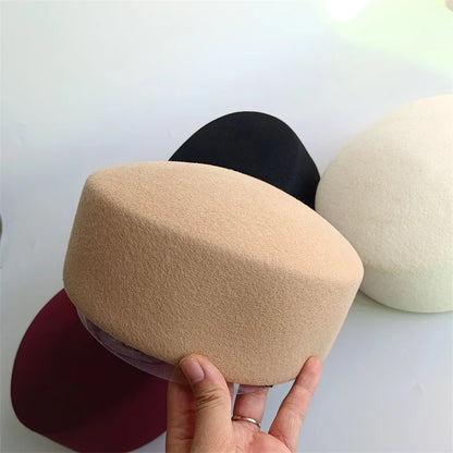 Vintage Hard Top Flat Fedoras Hats Women 100% Wool Felt Berets Hat Wedding Fascinator Caps Wedding Cocktail Party...