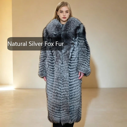 Genuine Silver Fox Fur Coats Long Real Fur Jackets With English Collar Women's Leather Fur Coats Fashion Natural Fur...