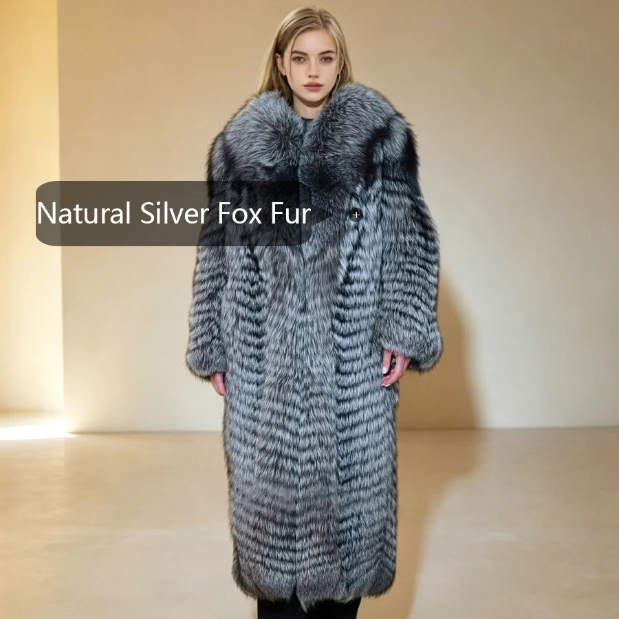 Genuine Silver Fox Fur Coats Long Real Fur Jackets With English Collar Women's Leather Fur Coats Fashion Natural Fur...