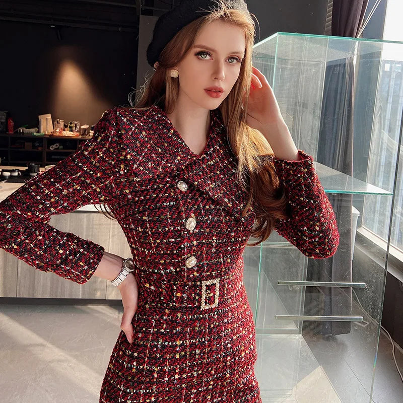 Elegant Retro Tweed Asymmetric Large Lapel Slimming Dress Women's Autumn Winter High-Grade Long Sleeve Mid-length Dress...