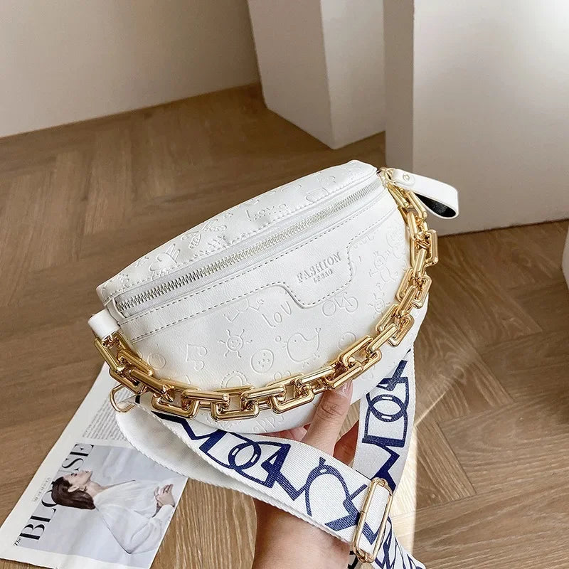 Cartoon Pattern empaistic PU Leather Fanny Pack For Women Luxury Chain Waist Bag Female Cute Waist Pack Wide Strap Crossbody Bag