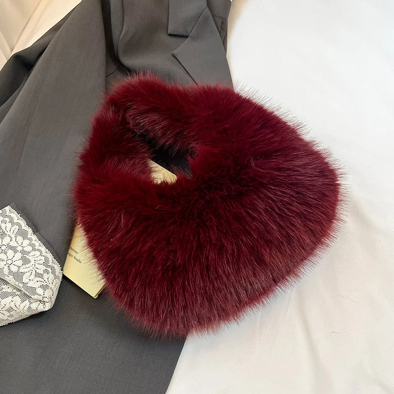 2025 New Winter Soft Plush Bag For Women Designer Half Moon Fluffy Handbag Luxury Red Faux Fur Clutch Bag Female Tote Fashion Ba