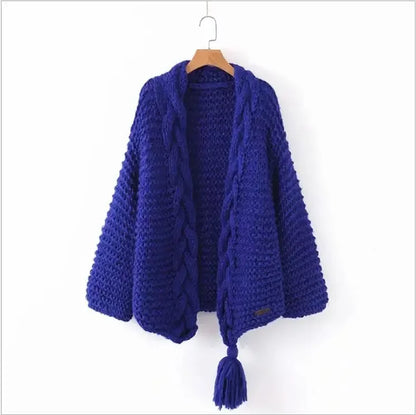 Hand-woven Split Wild Tassels Hook Twist Sweater Coat Crocheted Cardigan Autumn and Winter Thick Long Lantern Sleeve...