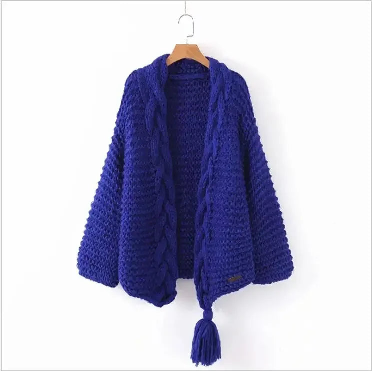 Hand-woven Split Wild Tassels Hook Twist Sweater Coat Crocheted Cardigan Autumn and Winter Thick Long Lantern Sleeve...