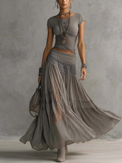 Chic Women Maxi Dress 2 Pieces Sets Solid Slim Fit Short Sleeved Top with Lace Splice Drawstring Elasticity High Waisted Skirt