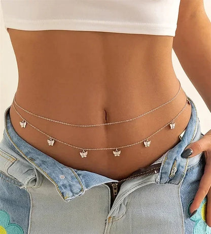 Sexy Double Layer Colorful Stone Chain for Women Crystal Butterfly Waist Bead Belly Chain Belly Belt Summer Beach Body Jewelry - Kimlud