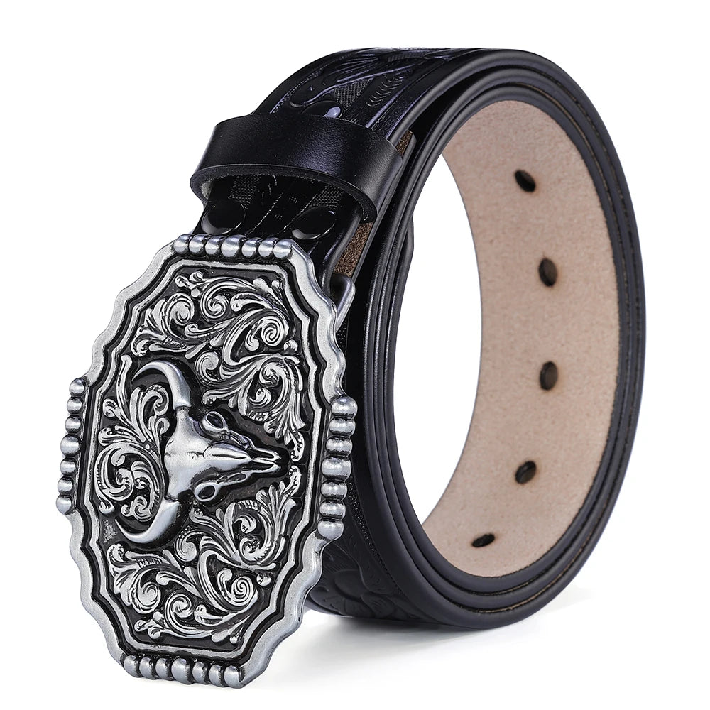 Western Belt Men Genuine Leather Belts for Men Women Cowboy Cowgirl Big Letters Buckle Gold Male Belts Long Black Brown Quality