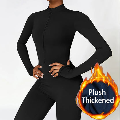 Warm Plush Sports Jumpsuits Women's Tracksuit One-Piece Fitness Suit Winter Gym Sets Long Sleeves Black Exercise Bodysuit Woman - Kimlud