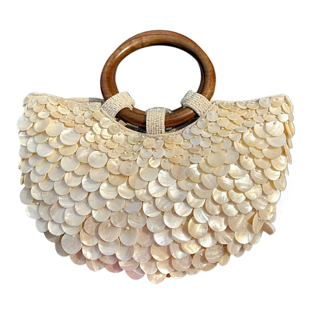 Shell Beaded Clutch Purse Handmade Top Handle Bag Luxury Designer Evening Handbag Evening Bag for Women Summer Vacation - Kimlud