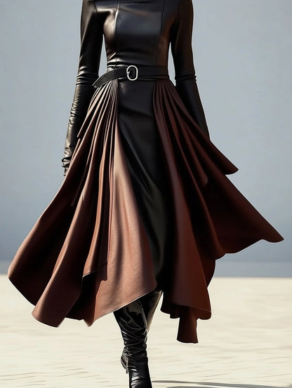 New Style One Piece Dress High Neck Irregular Hem Belt Faux PU Leather Midi Dress Women Slim Fit High-End Fashion Party Wear