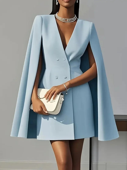 Women's Double Breasted Shawl Cape Suit Dress - Solid Color V-Neck Mini Dress with Open Back Sleeves - Kimlud