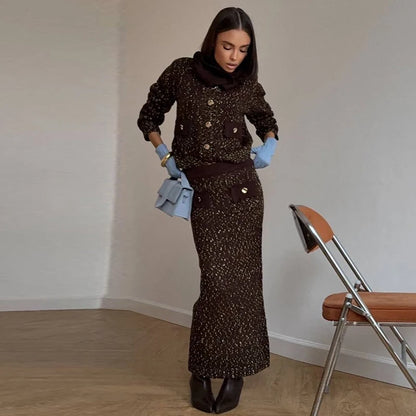 Fashion Knitted Long Skirts Sets Women Lapel Full Sleeve Single Breasted Sweater Hip Package Slim Skirt 2026 Spring Lady Outfits