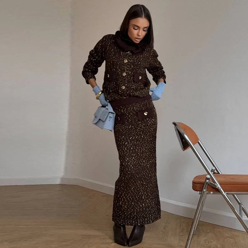 Fashion Knitted Long Skirts Sets Women Lapel Full Sleeve Single Breasted Sweater Hip Package Slim Skirt 2026 Spring Lady Outfits