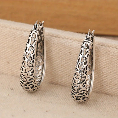 Retro Hollow Floral Carved U-Shaped Earrings Silver Plated  Fashion Hoop Earrings Jewelry For Women Daily Party Banquet